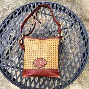 Fossil Vintage Reissue Cane Wicker & Leather Bucket Crossbody Bag